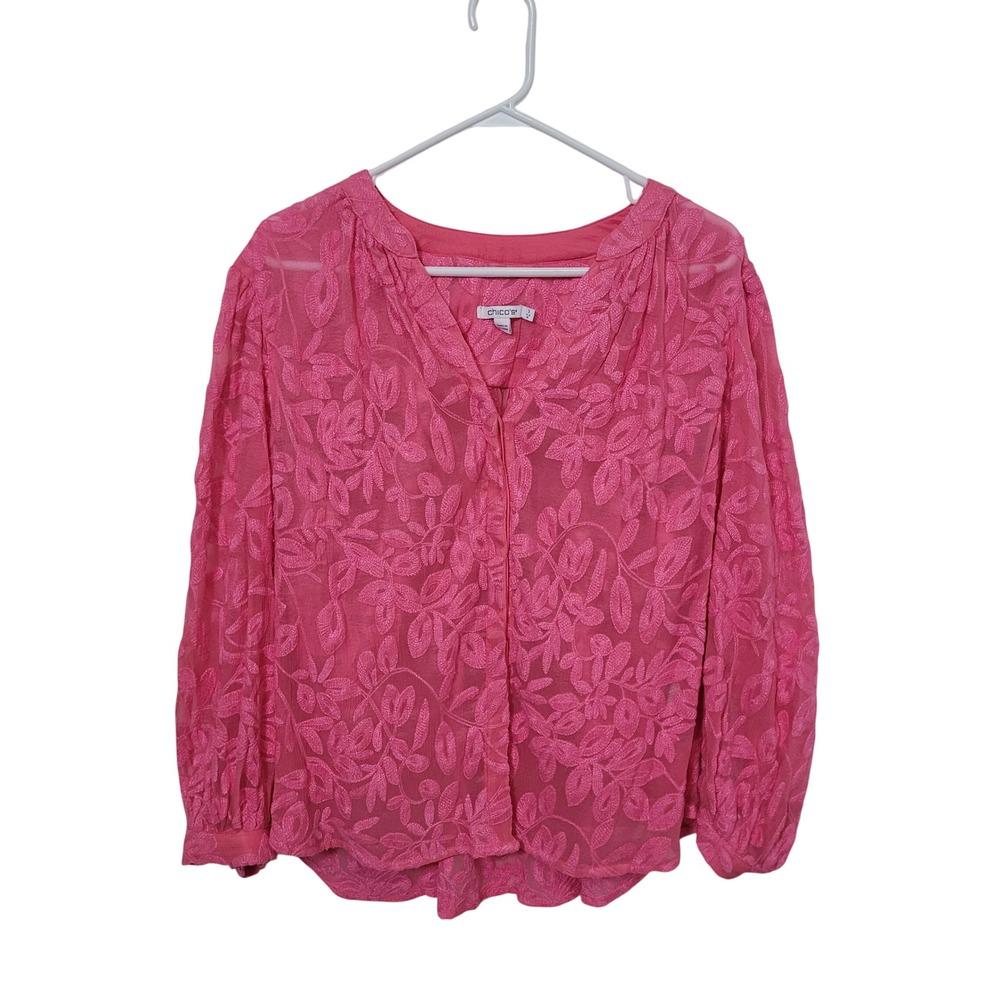 Chico's 3 US 16 Embroidered Sheer‎ Blouse Womens Pink Leaf Long Sleeve V-Neck